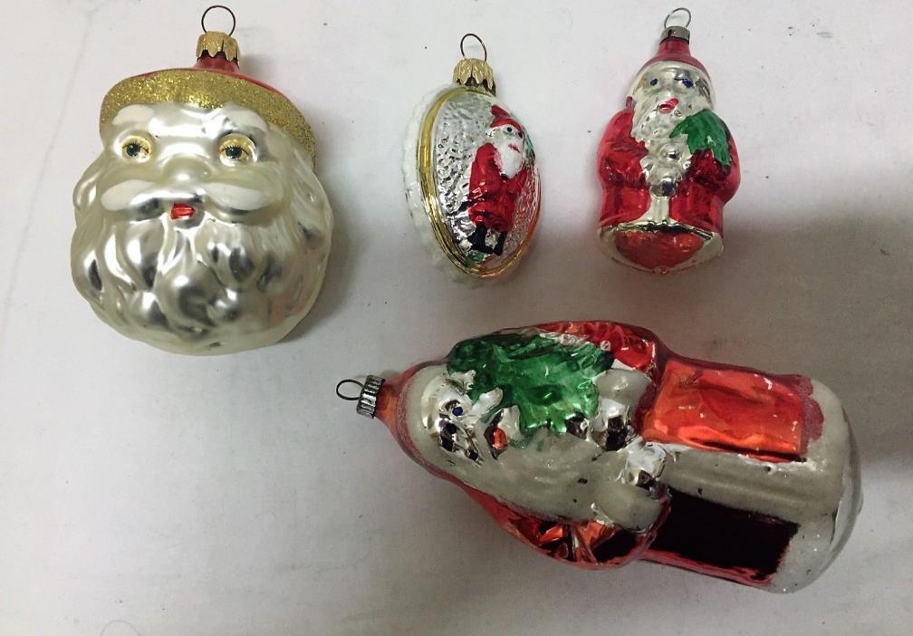 4 Vintage Santa Claus Blown Glass Ornaments