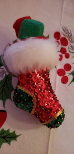 Vintage Handmade Christmas Ornament Sequin Beaded Push Pins Fur Stocking-5-1/2
