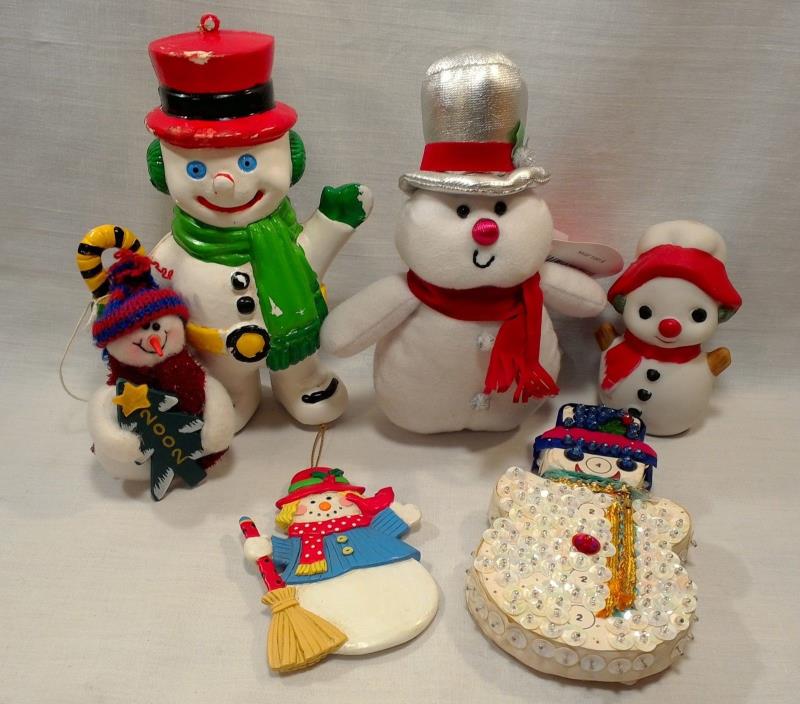 Snowman Christmas Ornaments Salt Shaker Plush Set of 6 Vintage Figurine Plastic
