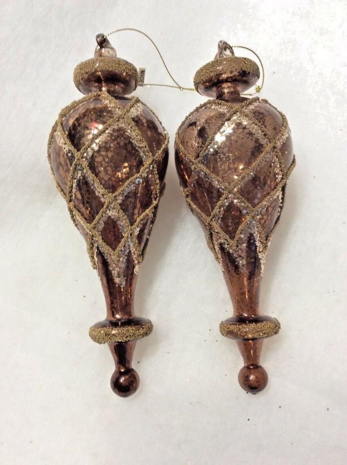 2 Brown Glass Finial Icicle Glass Beads Christmas Ornaments 8 1/2” long