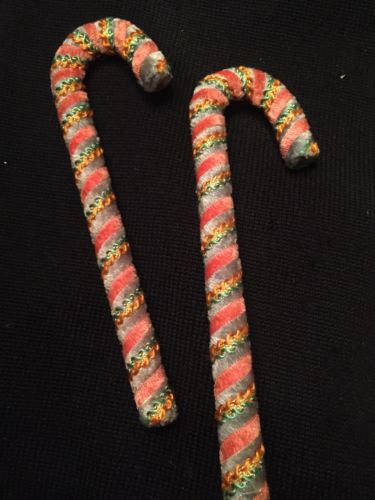 Two Vintage Candy Cane Christmas Ornament Like Objects Felt Ribbon Beautiful