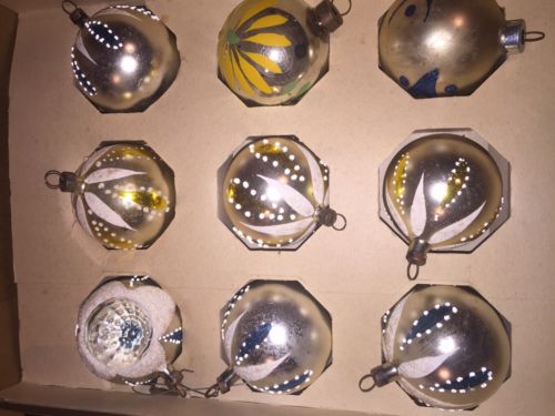 9 Vintage Silver Glass Christmas Tree Ornaments Some Handpainted 1 Indent Mica