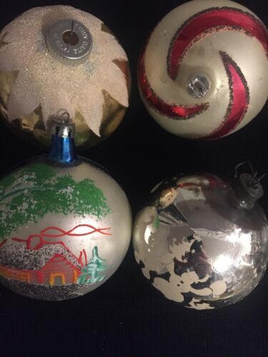 4 Large Glass Vintage Christmas Tree Ornaments Snowmen Cabin Spiral Mica