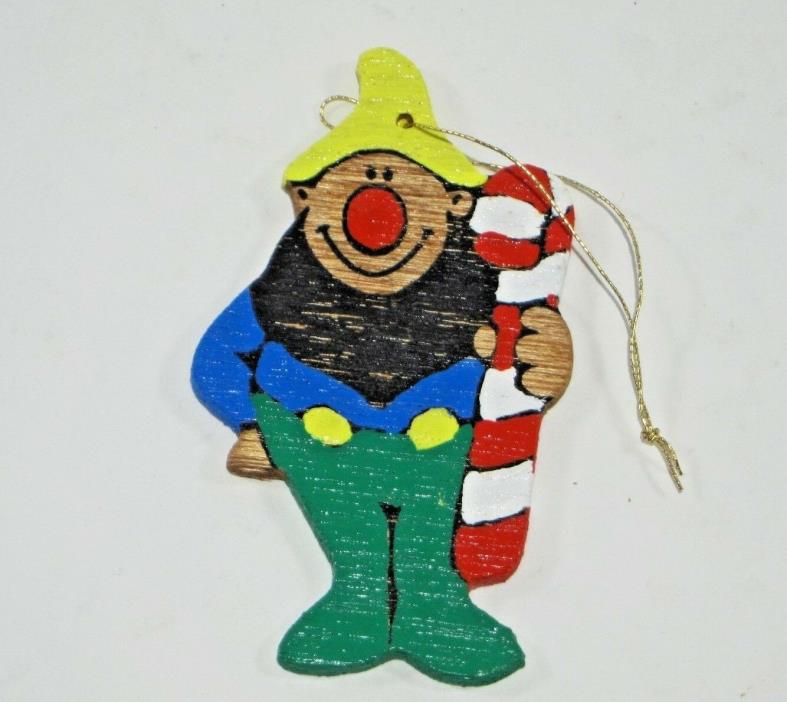 Vintage Hand Painted Candy Cane Elf Wooden Holiday Flat Ornament
