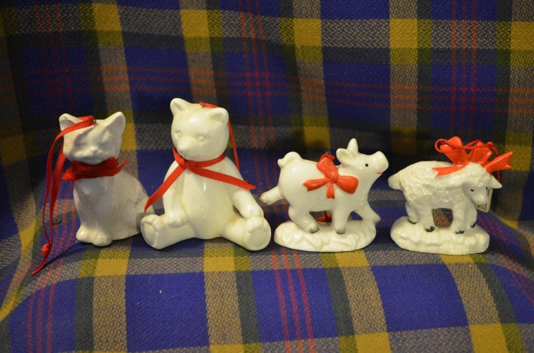 Grp of 4 Vtg Porcelain White w/Red Accent Christmas Ornaments-Cat,Bear,Pig&Sheep