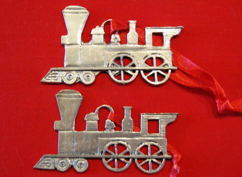 vntg METZKE PEWTER signed; 2 XMAS Tree Ornaments; US pair of Train Engines