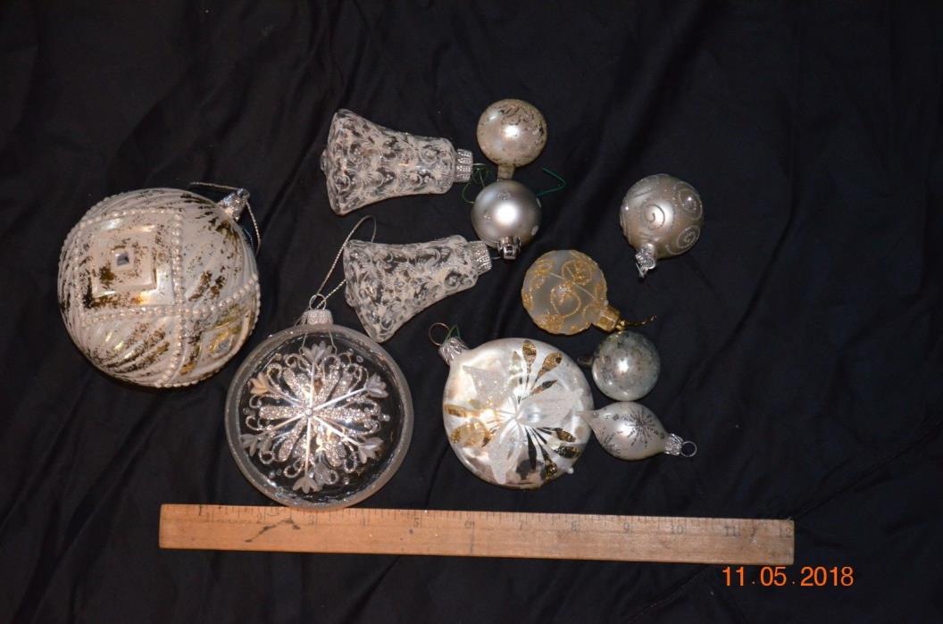 Lot of 11 vintage Glass Christmas Ornaments White clear Silver Glitter