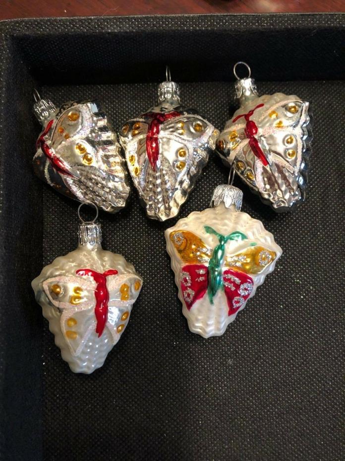 Set of (5) Butterfly / Flower Glass Christmas Ornaments 3