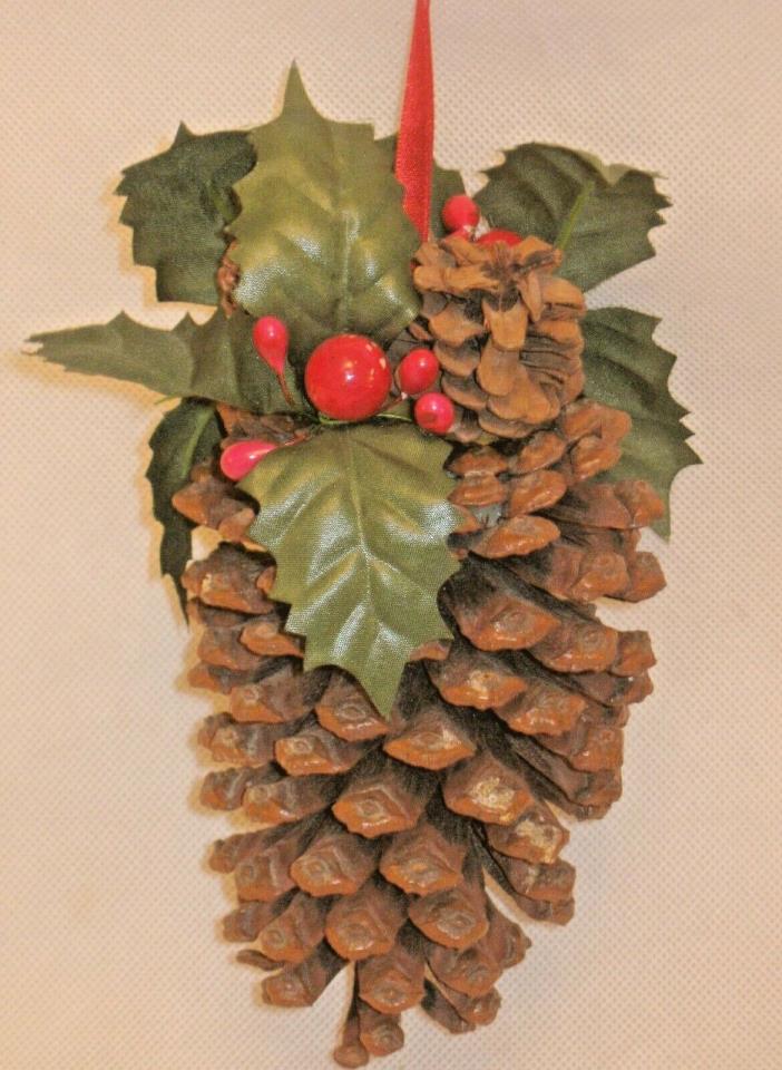 Large Real Pine Cone W/Faux Holly & Berry Rustic Country Christmas Ornament 8