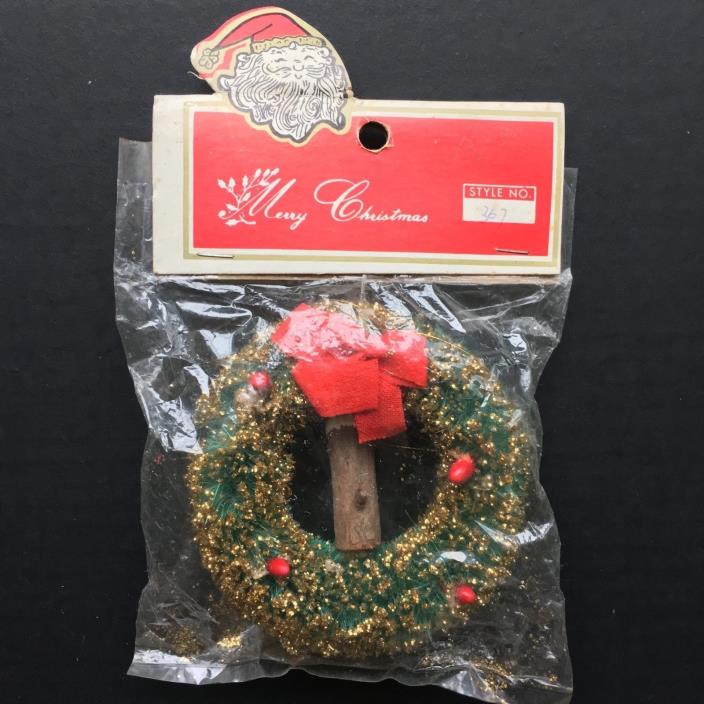 Vintage Bottle Brush Wreath with Candle Ornament NOS Gold Glitter Red Berries