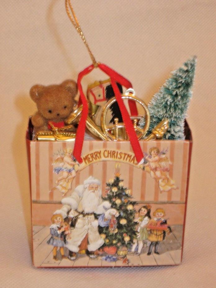 Vtg. Mini Christmas Shopping Bag Ornament Filled W/Toys,Bottle Brush Tree, Etc.