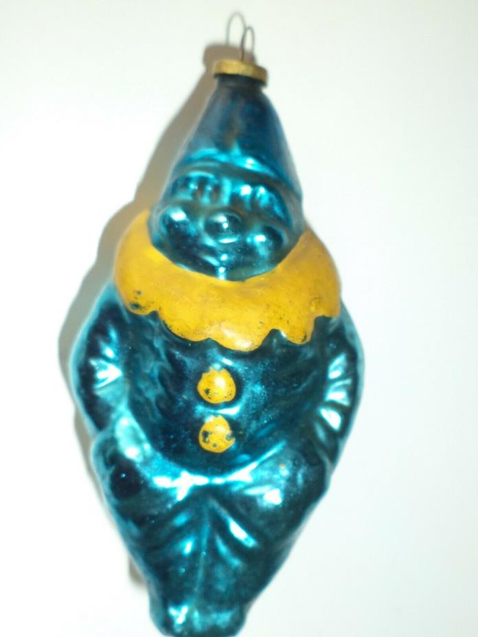 Vintage Blue & Gold Glass Clown Christmas Ornament - Japan