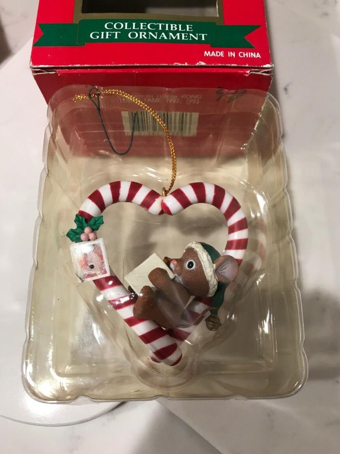 RARE Vintage Mouse Ornament Merry Christmas Candy Cane Heart Enesco Lustre Fame