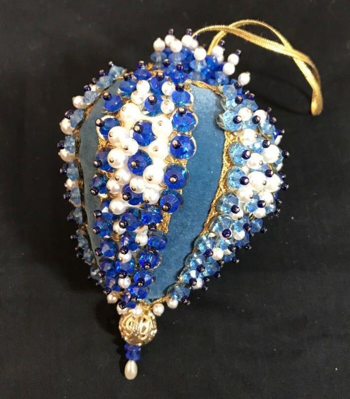 Vintage Handmade Blue and White Beaded Sequins Christmas Ornament Teardrop
