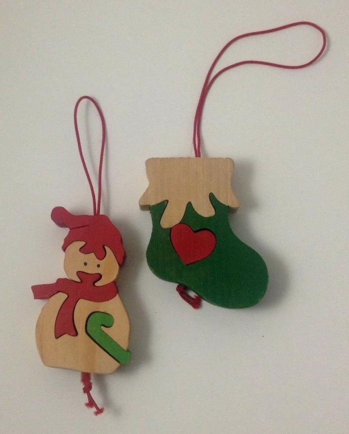 Vintage Wooden Puzzle Christmas Ornaments Snowman & Stocking Lot of 2