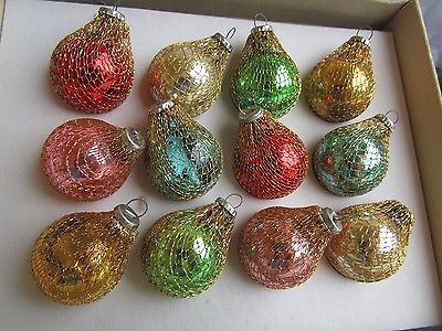 VTG 12 MERCURY GLASS GOLD MESH COVERED FEATHER TREE MINIATURE XMAS ORNAMENTS