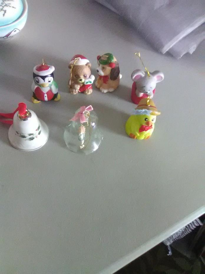7 Christmas Tree Ornaments Bells - Dog, Bears, Duck. Penguin Etc -