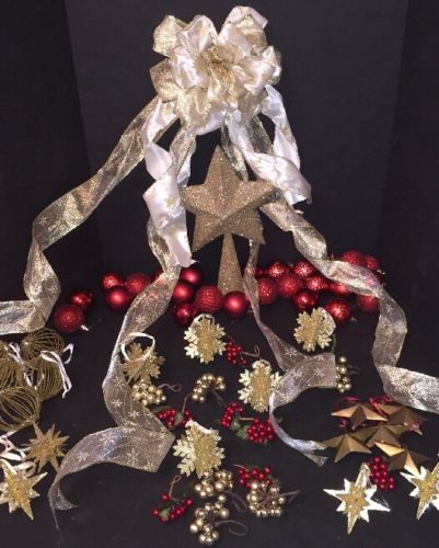 Christmas Ornaments Red Gold Glitter Red Balls Star Tree Topper Holly 60pcs