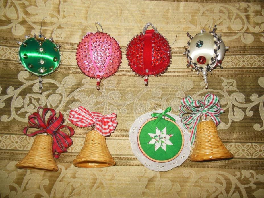 Vintage Handmade  Beaded Christmas Ornaments and Straw Bells