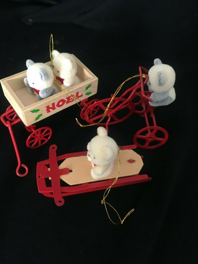 Lot 3 Flocked Teddy Bears On Red Tricycle, Wagon and Sled Vtg Hong Kong?
