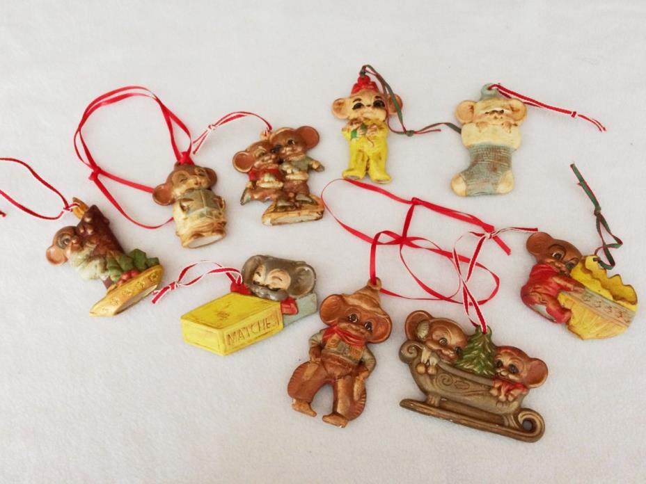 Vintage set (9)1950's Flat Ceramic Handpainted Mice Christmas Ornaments Rare!