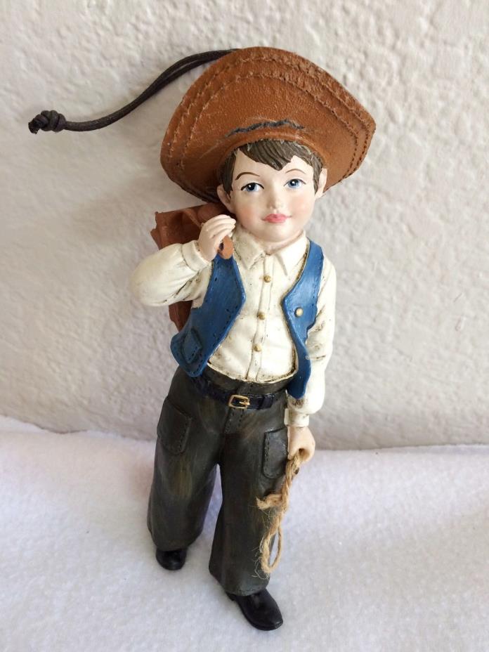 Vintage Victorian Cowboy Traveling Boy Ornament Resin and Faux Leather Hat Colle