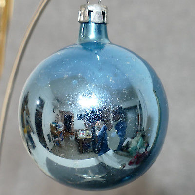 Christmas Ornament Glass POLAND Ball Vintage Long Neck Blue 2.5