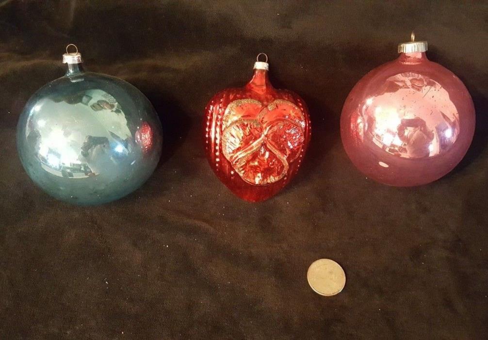 3 Vintage Christmas Ornament - West Germany - Pink Blue Red - Heart - Large Blue