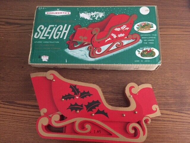 Vintage Christmas WOOLWORTH'S  Folding Wooden Sleigh Decoration New w /Box JAPAN