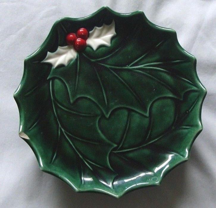 Vintage Ceramic HOLLY Green PEDESTAL CANDY PLATE Dish by HOLLAND MOLD