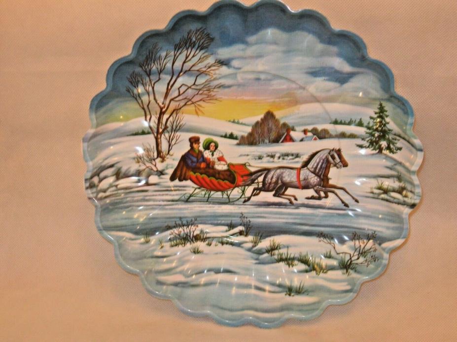 Vintage Christmas Molded Plastic Round Candy Bowl or Tray SLEIGH RIDE SCENE