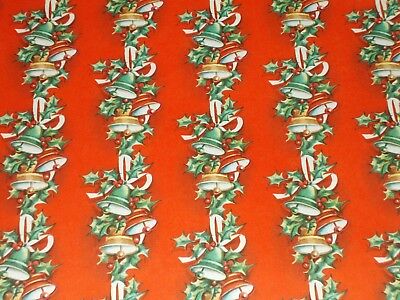 VTG CHRISTMAS WRAPPING PAPER GIFT WRAP RED GREEN GOLD MERRY BELLS RINGING HOLLY