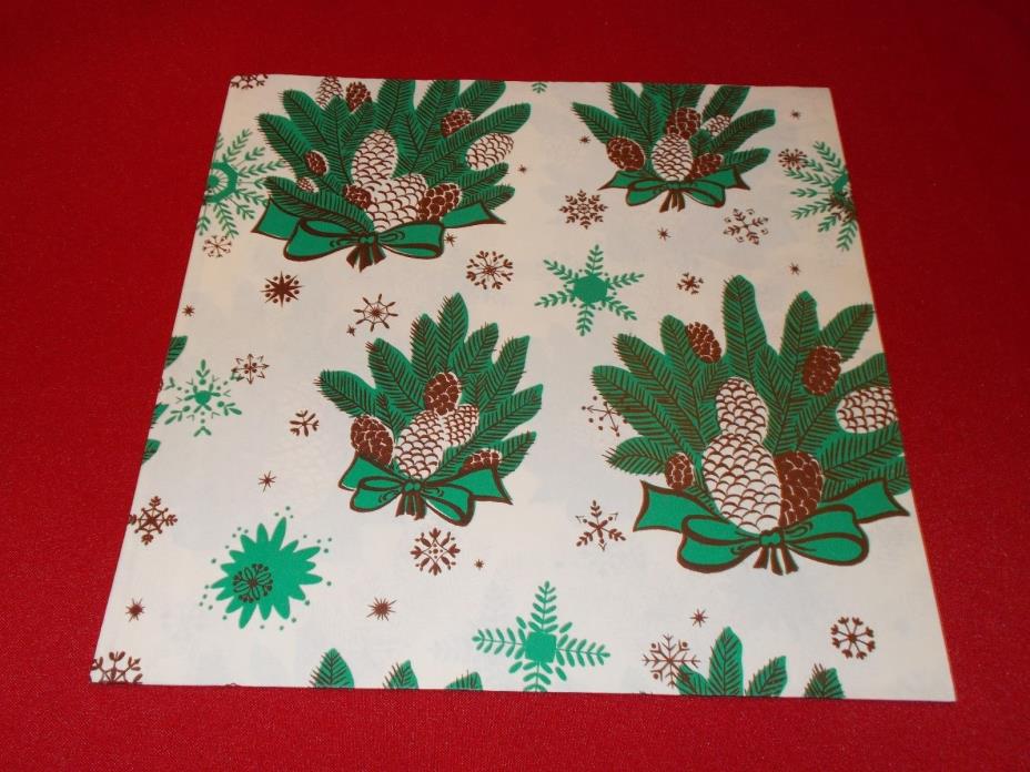 VTG CHRISTMAS WRAPPING PAPER GIFT WRAP 1940 TEAL PINE CONE SNOWFLAKE