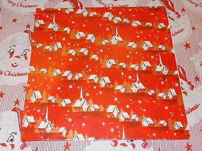 VTG CHRISTMAS WRAPPING PAPER GIFT WRAP NOS CHURCH & SNOW ON RED 1950