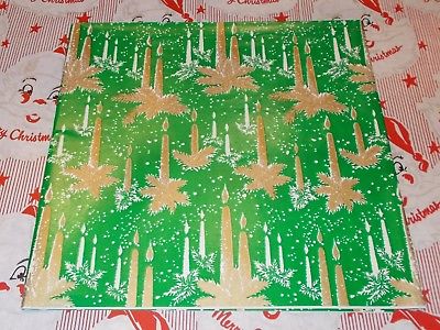 VTG CHRISTMAS WRAPPING PAPER GIFT WRAP NOS GOLD CANDLE & SNOW ON GREEN 1960