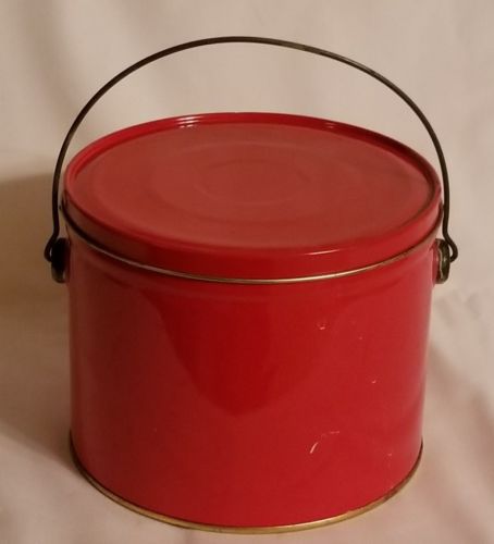COLLECTIBLE RED METAL ROUND TIN WITH HANDLE