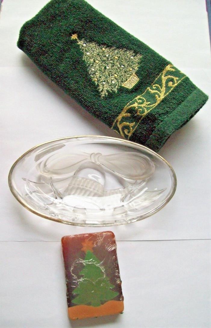 Embossed Candy Nut Soap Dish + Christmas Tree Guest Towel + Handcrafted Soap