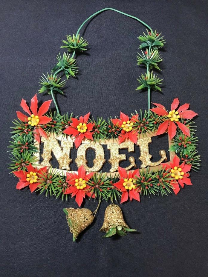 Vintage Christmas NOEL Wall Hanging Glitter Plastic Holly Poinsettia Bells