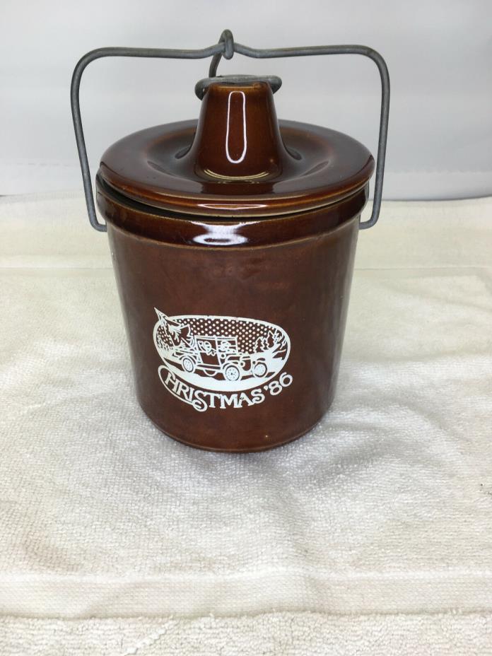Vintage Christmas  Brown Stoneware Cheese Crock Wire Bail Handle Clamp