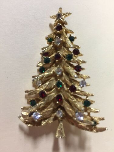 Christmas Tree Pin Brooch Rhinestone Red, Green & Gold Vintage Art