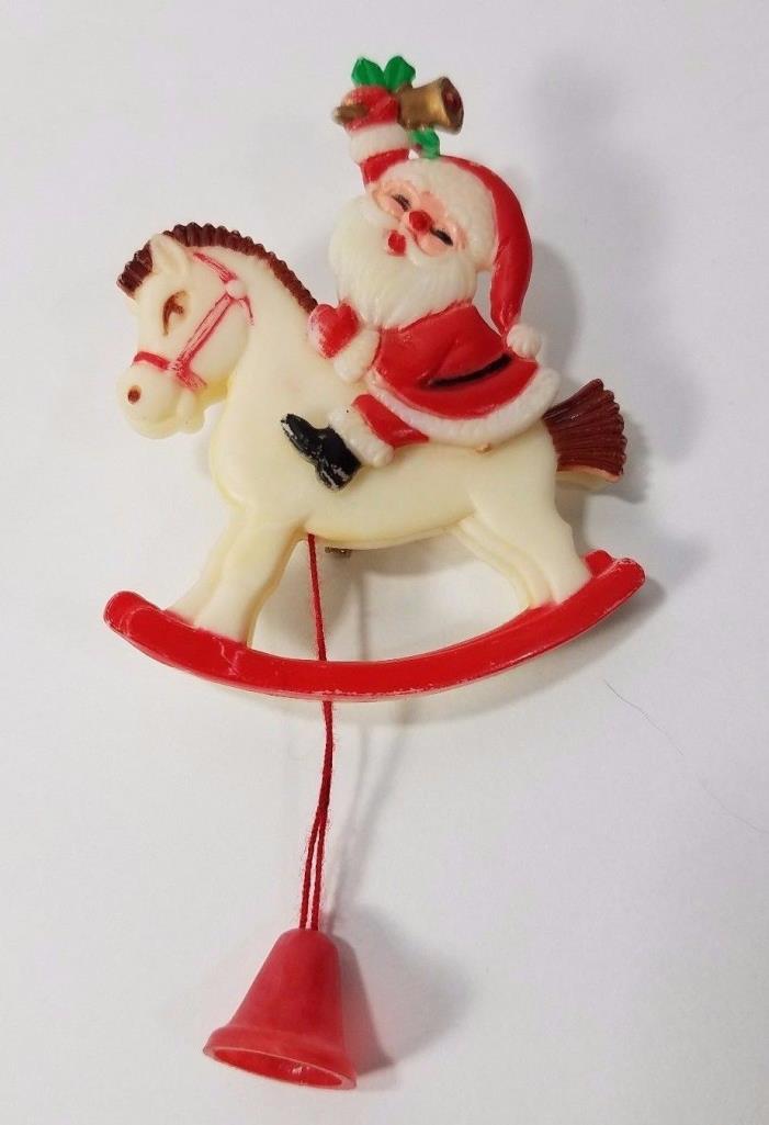 Vintage Plastic Santa on Rocking Horse Pull String Christmas Brooch Pin