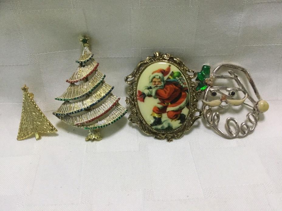 Lot of 4 Womens Brooches Christmas Tree and Santa Claus , J1