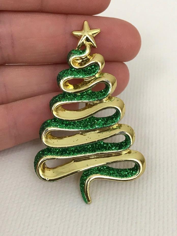 Goldtone Ribbon Green Glitter CHRISTMAS TREE Holiday Brooch Pin-2