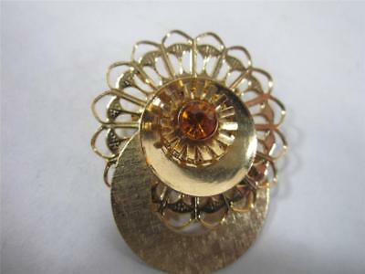 Vintage Brooch Amber Color Rhinestone Filigree Flower Style Pin Costume Jewelry