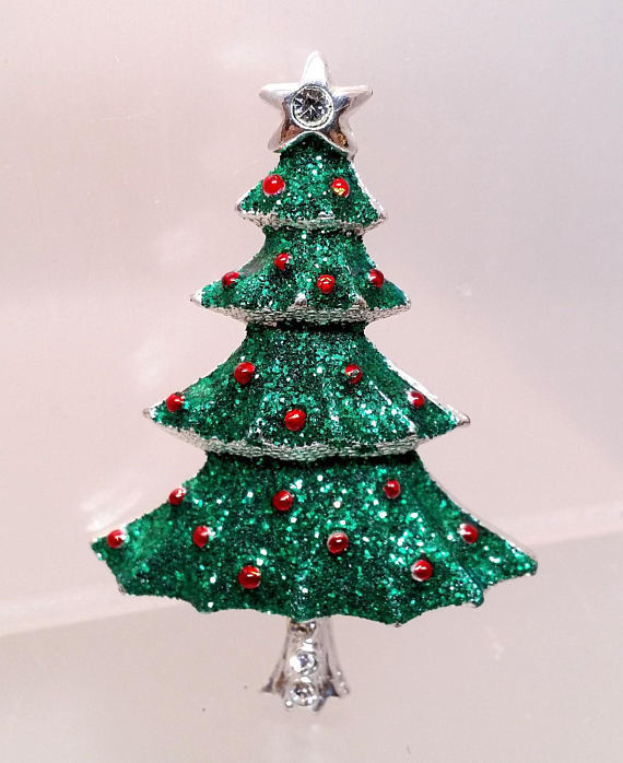 Vintage Christmas Tree Pin Rhinestone Glitter Brooch, Holiday Costume Jewelry