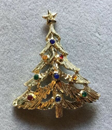 Vitg Gold Tone Cutout Christmas Tree Brooch w/ Multicolor Rhinestones S022819