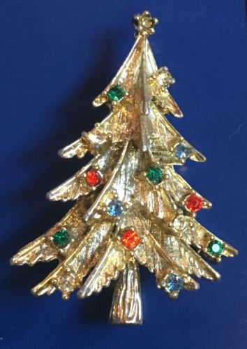 Retro Vintage Christmas Tree Brooch Pin Gold Tone Metal w/ Colorful Rhinestones