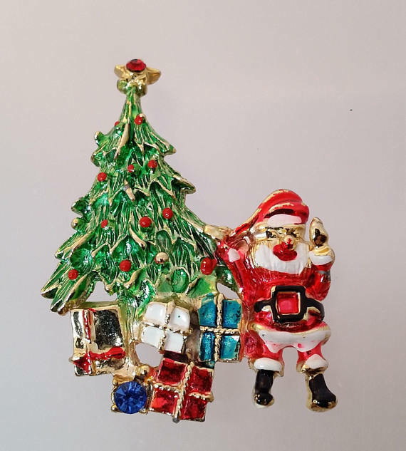 Vintage Christmas Tree Santa Pin, Enameled Xmas Brooch, Holiday Costume Jewelry