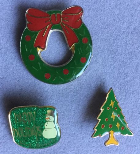 3 Vtg Gold Tone & Enamel Christmas Brooches - Tree-Wreath-Happy Holidays X022819