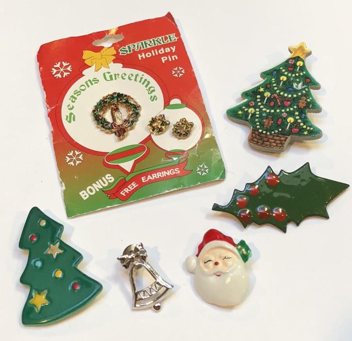 Vintage Lot 6 Christmas Holiday Pin Brooches, Avon, Enamel, Copper, Xmas Trees